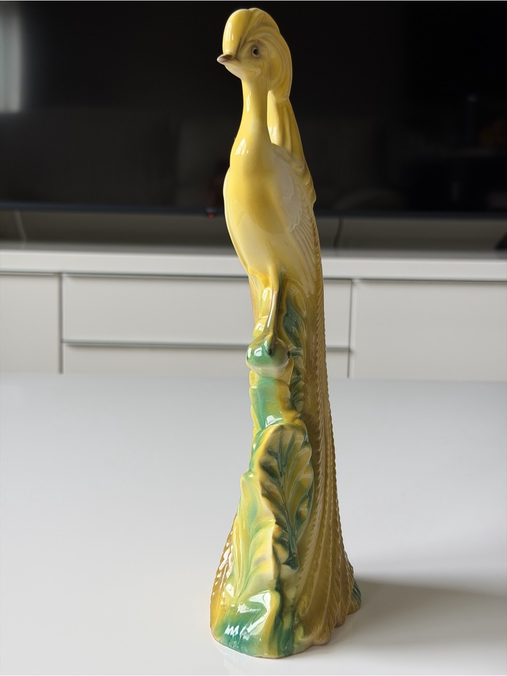 Vintage Ceramic Peacock Figurine Yellow Glossy Mid-Century Decor Bird Statue - Picture 7 of 11